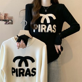 TK推薦✈大碼加厚坑條內搭打底衫女秋冬季新款寬松顯瘦保暖刺繡長袖上衣女 女裝 衣服 寬鬆上衣 顯瘦上衣 長袖t恤