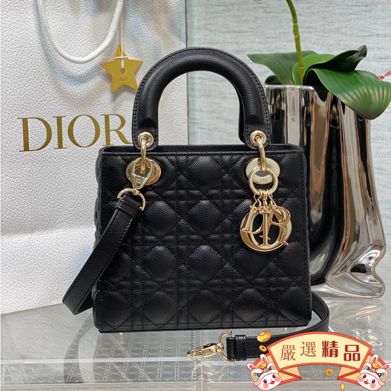 99新免運 Dior（迪奧）LADY DIOR 牛皮球紋黑色金扣 四格/五格 戴妃包 手提包 斜挎包