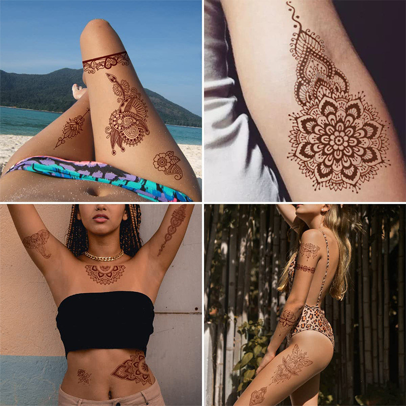 仿真刺青 紋身貼紙 紋身貼2024印度蕾絲紋身貼紅棕色防水henna紋身貼紙