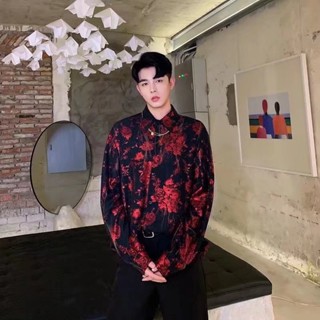 Fashion 時尚花襯衫男 春秋季個性扎染風襯衫男 氣質男裝 長袖韓版抖音網紅上衣 玫瑰花印花花紋設計感襯衫潮