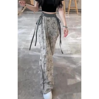 💟大尺碼長褲 棉麻褲 休閒褲💟國風闊腿褲女夏2023新款薄款冰絲休閑飄帶設計感高腰直通長褲MB