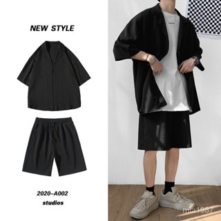 休閒西裝男士短袖西服套裝夏季寬鬆薄款七分袖外套韓版潮流兩件裝 SRCV