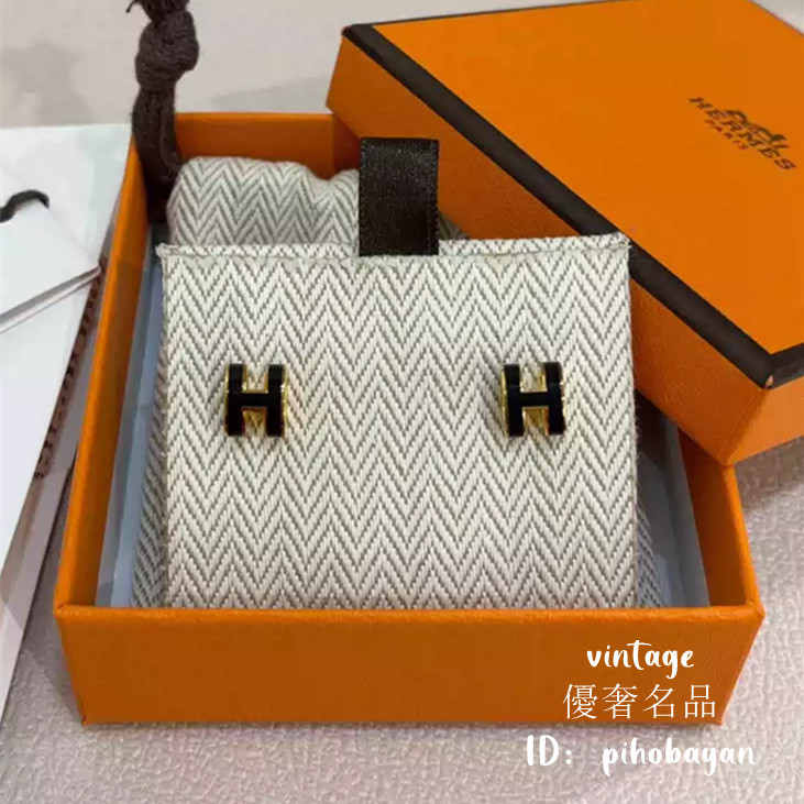 Hermes 愛馬仕 H60800 Mini Pop H 黑金色 耳環 耳釘