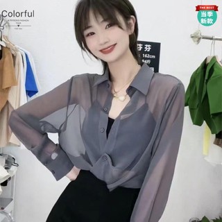 夏天襯衫女 女生襯衫 女襯衫 休閒襯衫女 夏季新款珍珠雪紡防曬衣女襯衫韓版薄款開衫寬松顯瘦長袖上衣女潮