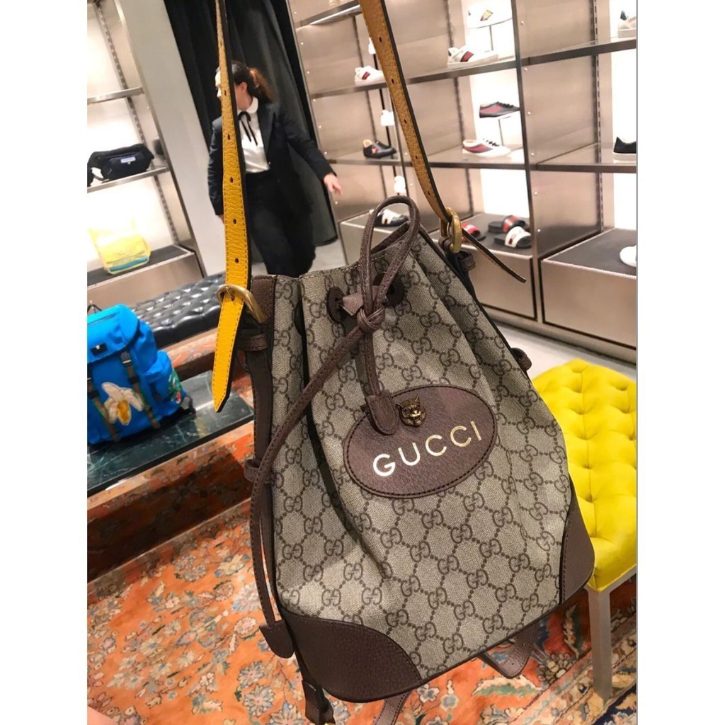 法國二手 Stella GUCCI GG Supreme 兩用背包 水桶包 PVC 防水布+虎頭 復古款 473875