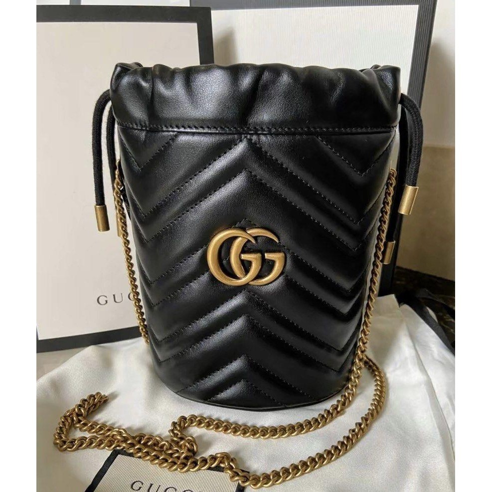 二手精品 Gucci 古馳 Marmont 雙G波浪紋 愛心 迷你 水桶包 鏈條包 單肩包 肩背包 575163