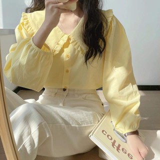 OELNG 夏季襯衫 夏季襯衣女 奶黃色長袖襯衫女春季chic法式復古娃娃領上衣設計感小眾奶甜襯衣