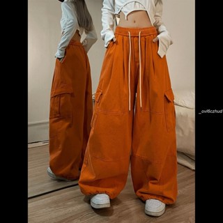 休閒長褲 女褲 純棉國潮復古工裝褲女橙色重磅加厚寬松拖地中性辣妹美式闊腿褲