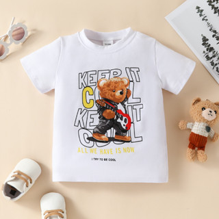 MIGE｜夏季小童短袖T恤男寶寶字母卡通熊獅子單件上衣棉質圓領白色短T