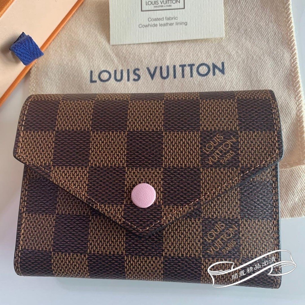 現貨二手 LOUIS VUITTON LV 咖啡棋盤格 內粉紅色三折釦子 短夾 皮夾 零錢包 N61700 實拍