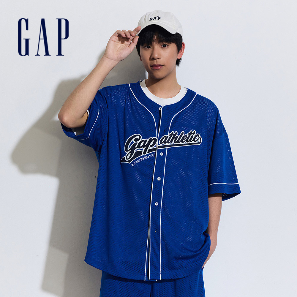 Gap 男裝 Logo印花圓領棒球短袖襯衫-深藍色(877624)