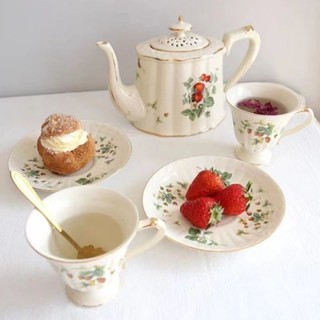 歐式昆蟲圖案陶瓷咖啡杯花茶杯碟套裝帶勺復古英式下午茶水杯茶壺花茶杯組陶瓷茶壺