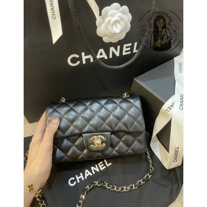 Shaw二手 CHANEL 黑色 小羊皮 菱格 淡金鍊 mini coco 20cm A69900 現貨