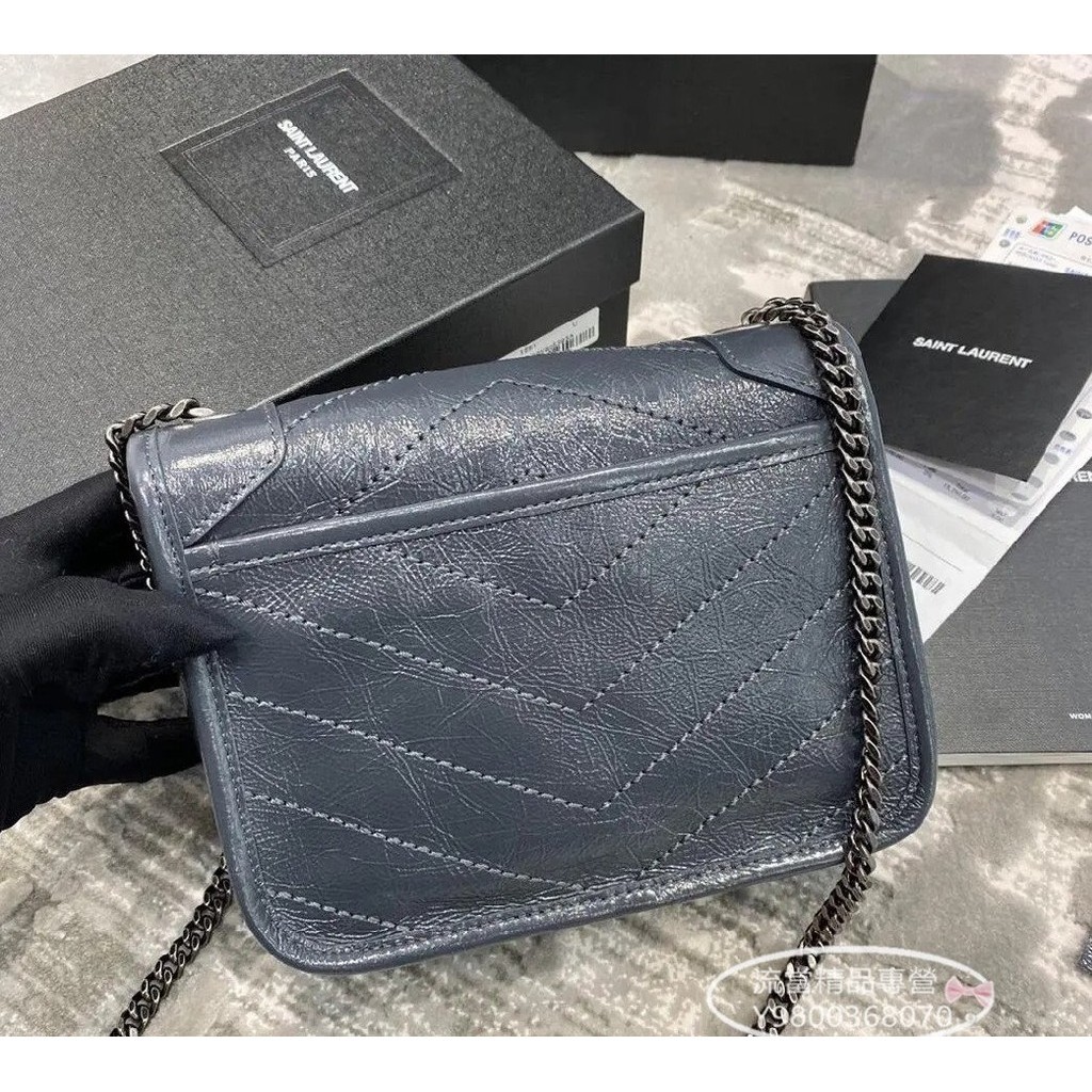 精品二手 YSL Niki mini 牛皮 灰藍 LOGO 單肩 斜背包 593145 現貨