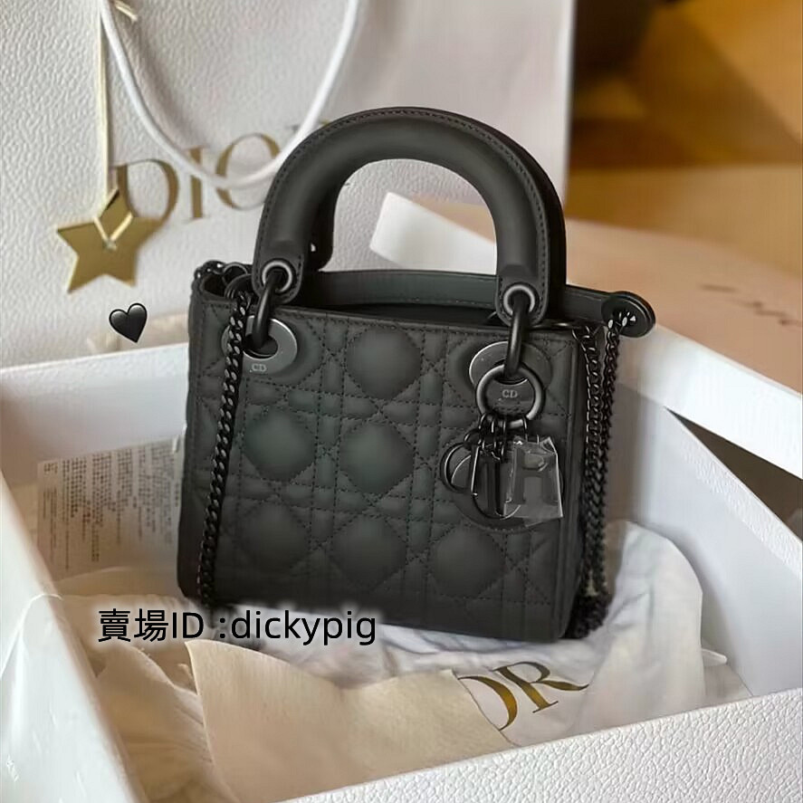 二手正品Dior 迪奧 LADY DIOR系列 黑色 啞光MINI磨砂扣 三格戴妃包 鏈條包 手提包 斜跨包 女包