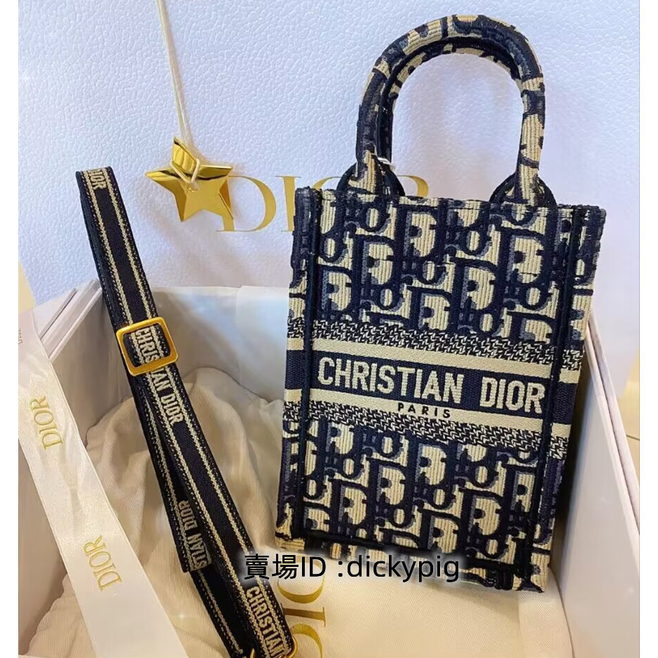 二手正品 DIOR 迪奧 mini book tote 新款 藍色提花刺繡 肩帶款 手機包 琴譜包 單肩包 斜挎包 實拍