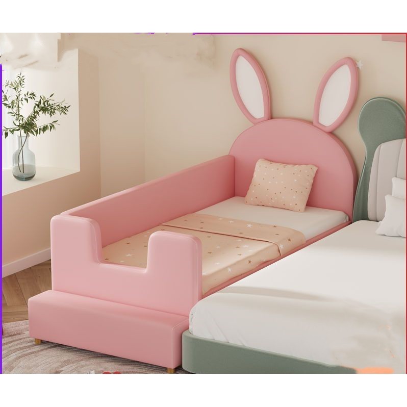 🌟熱銷新款🌟 床邊床 組合床架 床架拼接床帶護欄男女孩單人床小床加寬床邊床軟包兔子床床組床架 單人床架 拼接