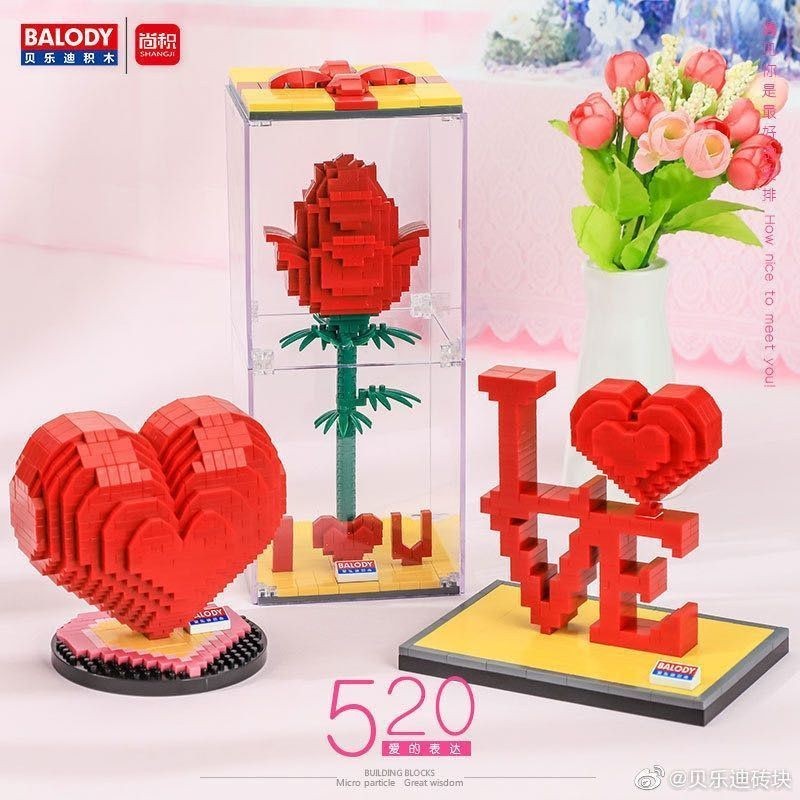 🎀2024上新 熱銷特賣🎀   貝樂迪 鉆石 微顆粒 520 系列 愛心玫瑰 DIY 玩具 積木 情人節 禮物 擺件