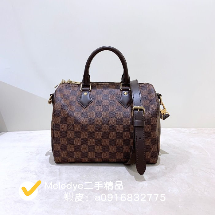 e二手精品【LV 路易威登】SPEEDY 25 枕頭包 棋盤格 手提單肩斜挎包 棕褐色 N41368 實拍