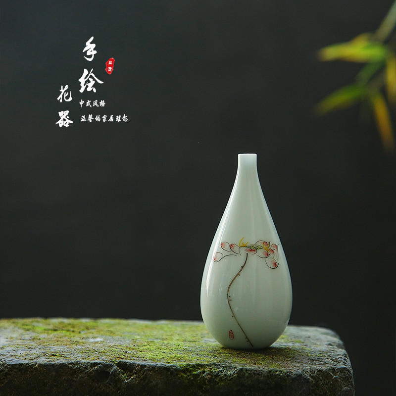 景德鎮陶瓷小花瓶迷你瓷器禪意桌面裝飾創意客廳擺件手繪蓮花花插
