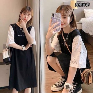 【大尺碼女裝M-5XL 40-150kg】假兩件T恤裙子女夏季寬鬆大尺碼胖妹妹顯瘦遮肚減齡甜美遮肚洋裝