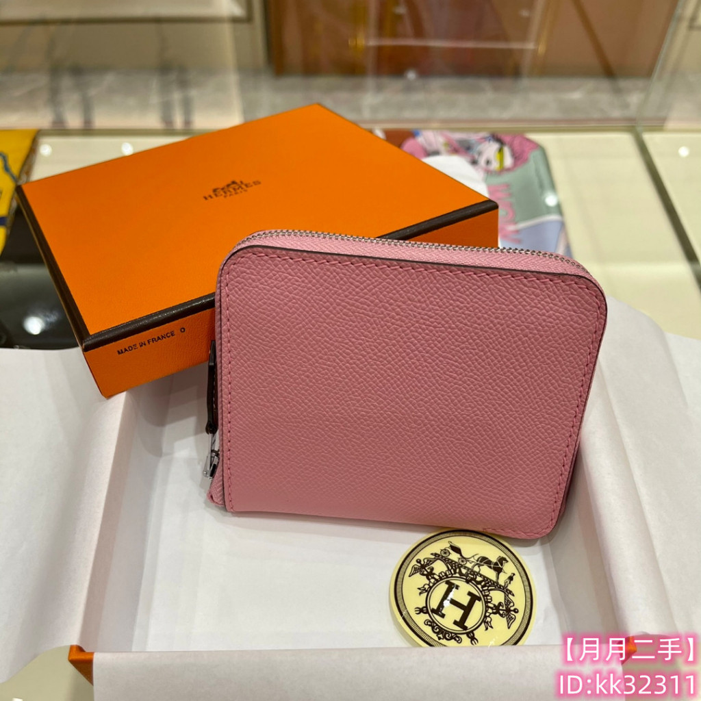 【二手】HERMES 愛馬仕 Silk in 37 gold 粉色 絲巾 拉鍊 6卡 零錢 短夾 零錢包