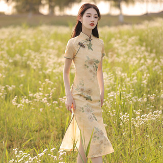 改良旗袍洋裝2024年新款女夏季素雅復古中國風花朵中長款連衣裙