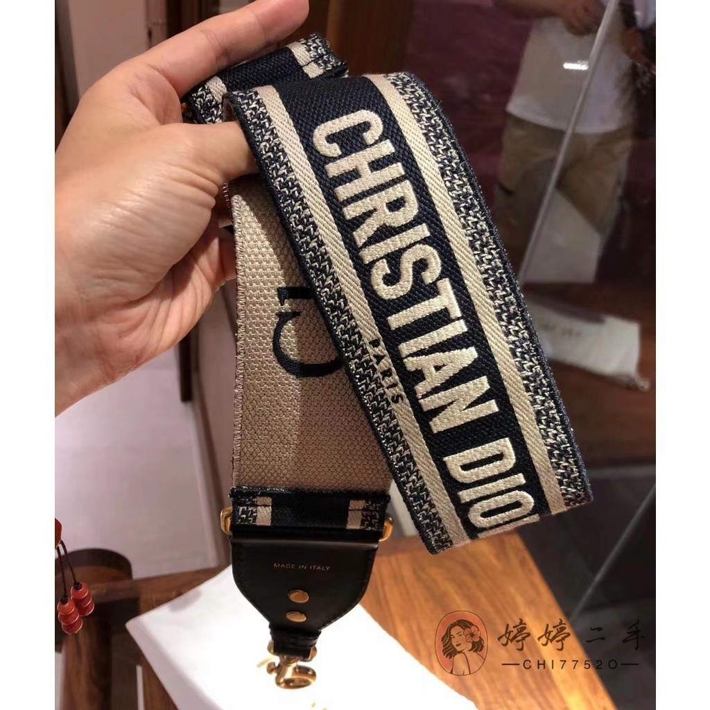 伊伊二手-DIOR 迪奧 Christian 刺繡 藍色帆布 肩帶 背帶 百搭款 S8540CBTE_M928