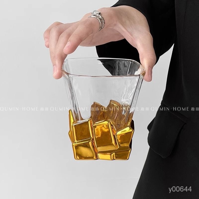 太空金冰塊杯輕奢玻璃杯創意藝術限定酒杯手繪威士忌洋酒杯