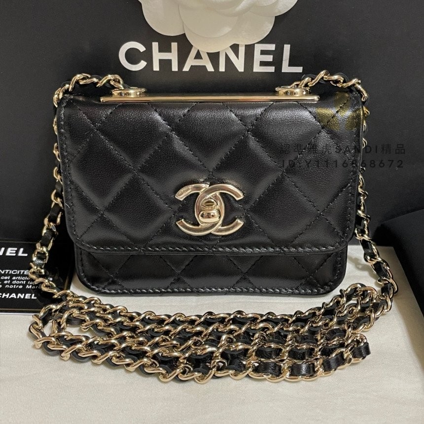 二手精品 CHANEL TRENDY CC MINI 黑金 小羊皮 鏈條卡包 鏈帶小包 AP2301