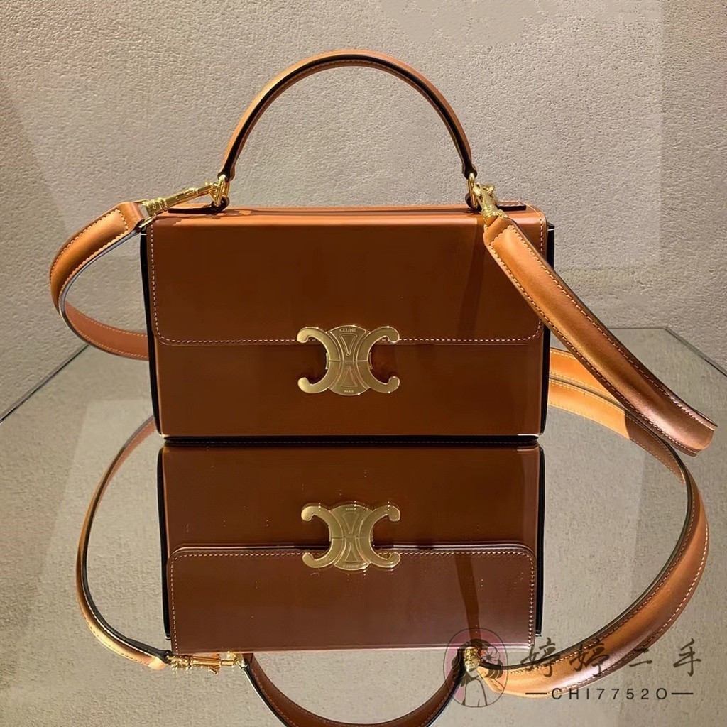 義大利製二手CELINE 賽琳 BOX TRIOMPHE 凱旋門 棕色 手袋 手提包 肩背包 斜背包 女包 199993