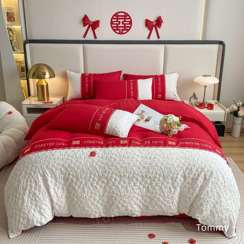 ⚡桃園出貨⚡ 新中式婚禮精美刺繡床包四件組 床包組 大紅婚慶四件組 紅色床包組 床單 被套 結婚寢具組 水洗磨毛床包組