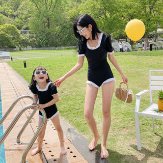 🔥台灣出貨🔥夏季母女親子泳裝連體黑色木耳邊可愛女寶寶兒童游泳衣顯瘦新款