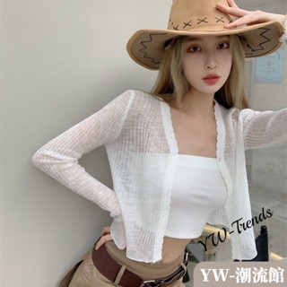 【YW】防曬外套女 夏季新款短款上衣外套不 薄款長袖開衫外套女 氣質百搭網紗短外套 女生外套 夏天衣服