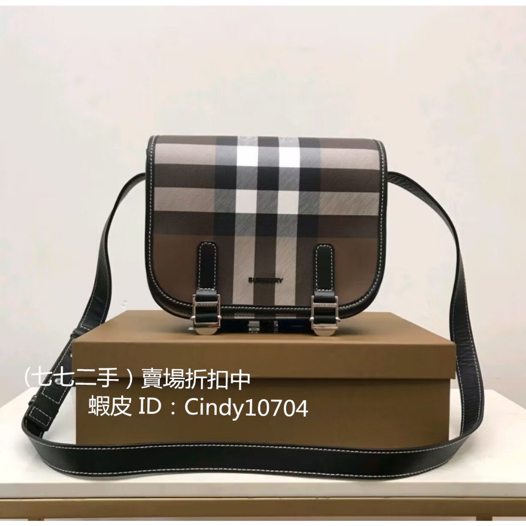 二手 Burberry 巴寶莉女包 博柏利 男女款 格紋郵差包翻蓋斜挎包 黑色 帆布 80365521