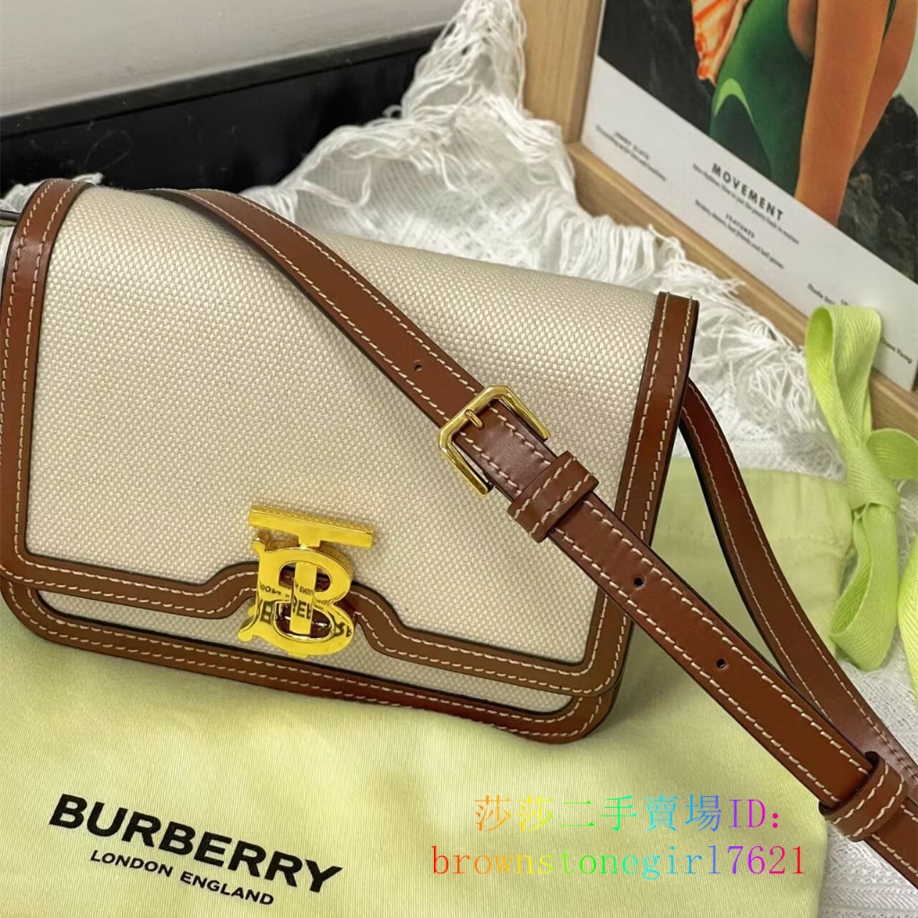 Burberry 博柏利 TB 鎖頭 帆布拼皮革 郵差包 肩背包 斜背包 80146401 小號 女款