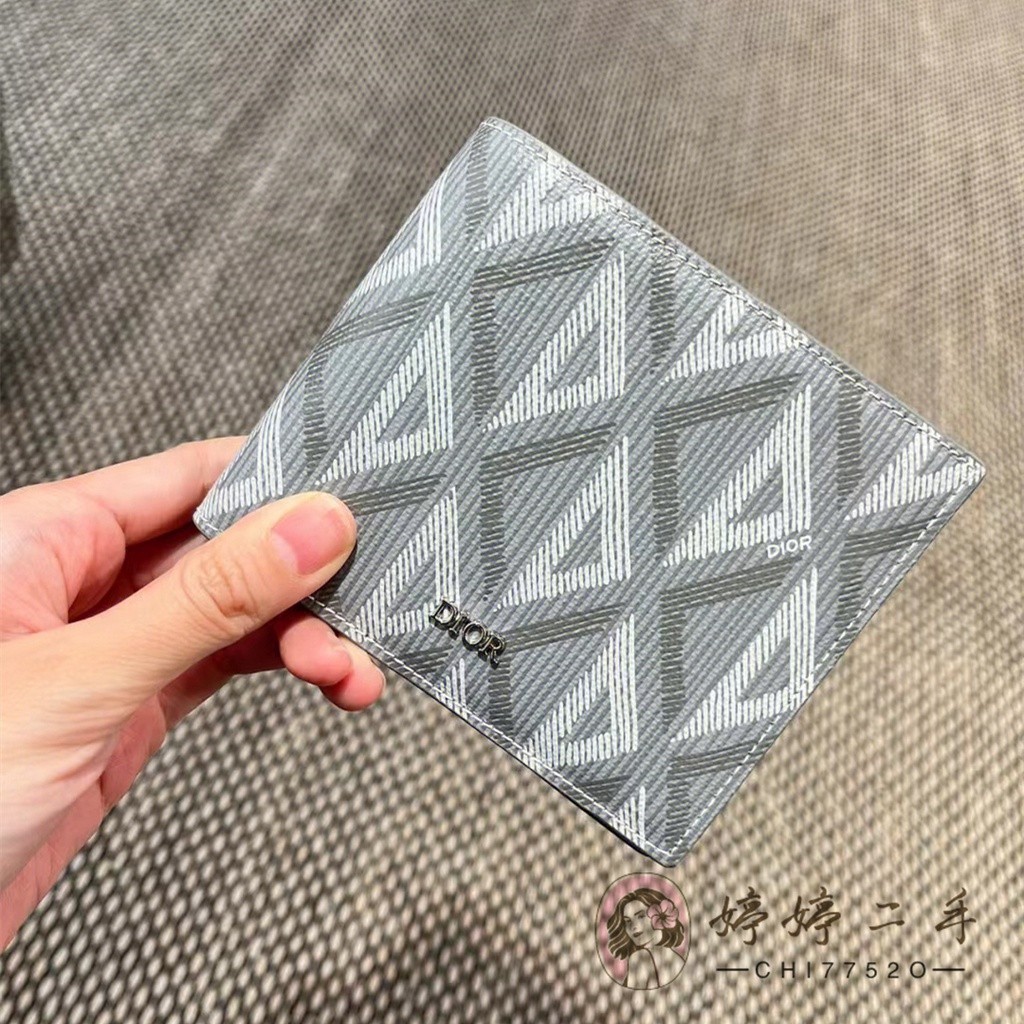 二手精品 DIOR 迪奧 帆布 CD Diamond 圖案 兩折短夾 對折錢包 皮夾 錢夾 男夾 2ESBH027