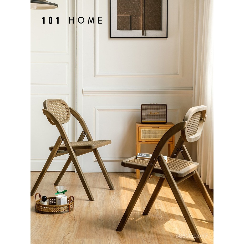 101 home實木椅子複古做舊折疊藤編椅現代傢用陽臺休閒靠背餐椅 Z9W8