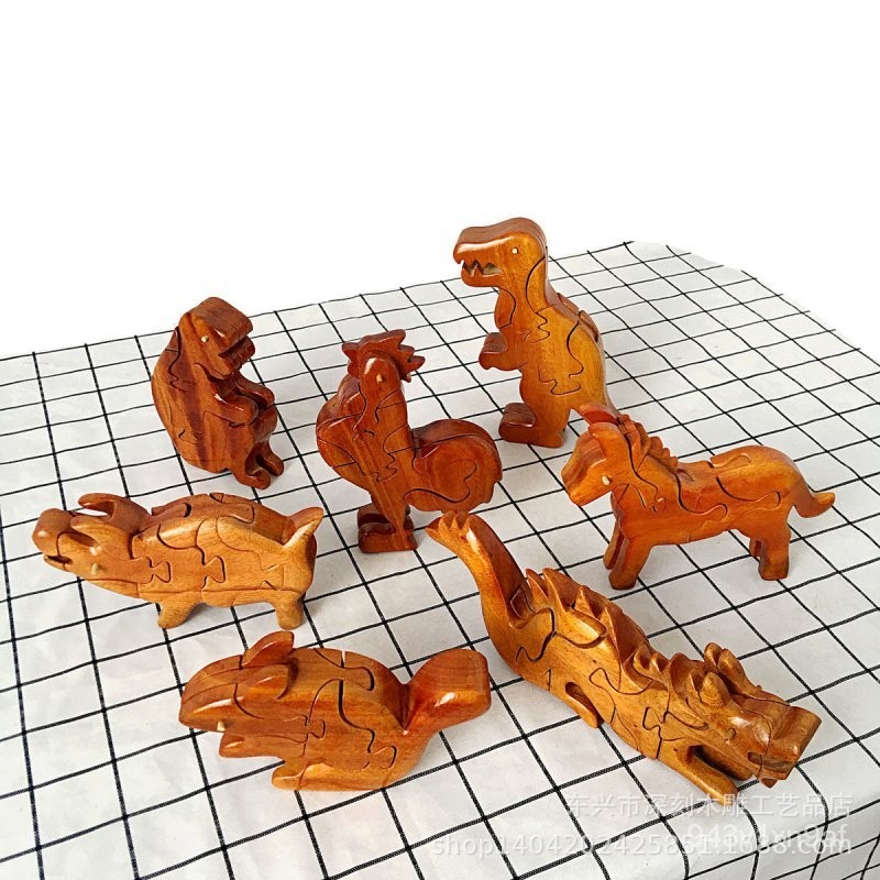 十二生肖魯班鎖 全套木製兒童益智解鎖榫卯玩具模型 孔明鎖動物積木