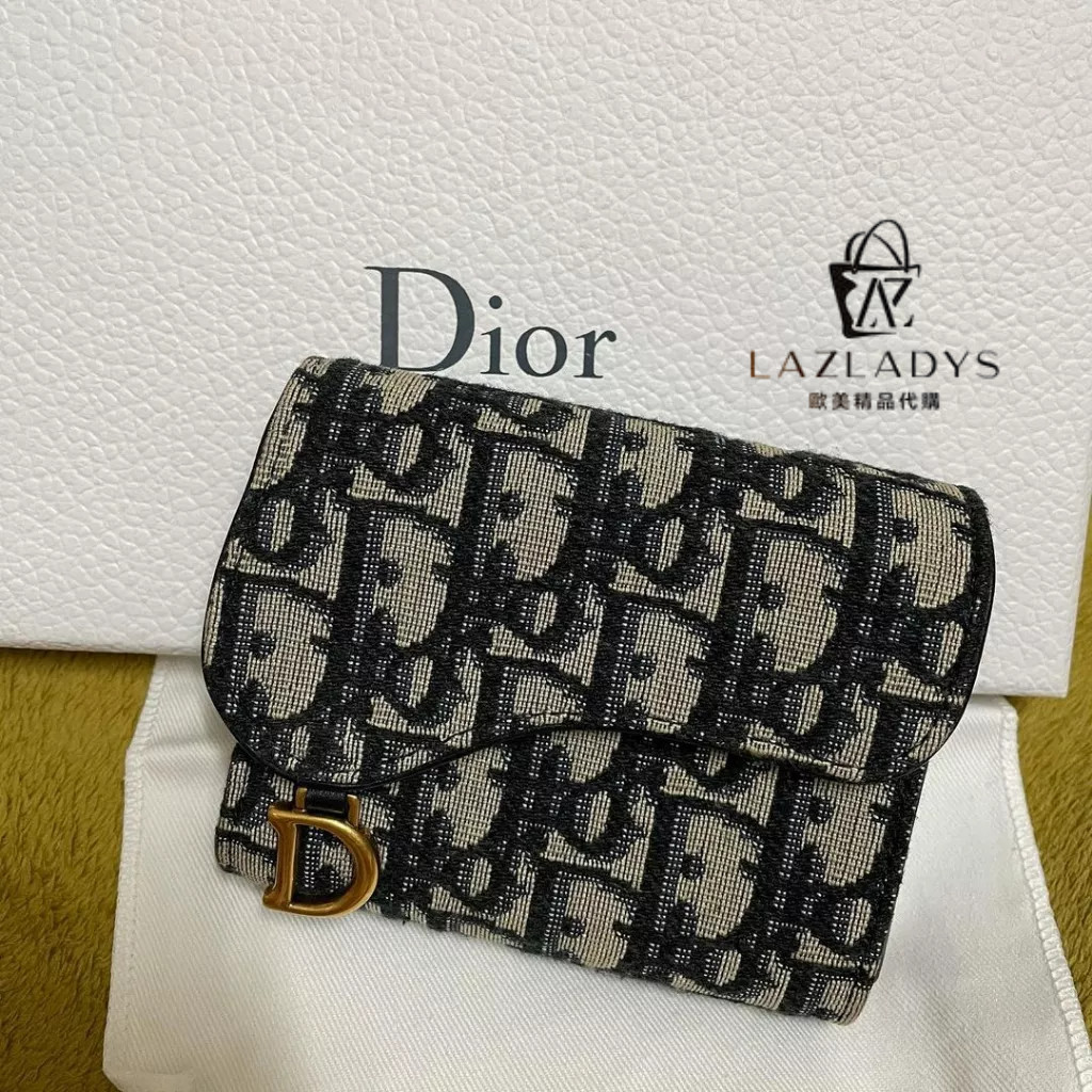 lazladys DIOR 迪奧 SADDLE 深藍色印花 馬鞍 三折 短夾 皮夾 錢包 現貨+免運