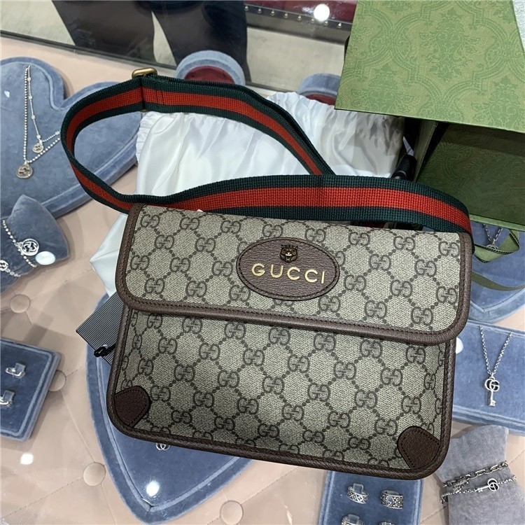 全新二手 GUCCI 古馳 GG Supreme帆布腰包 虎頭腰包 斜挎包 女士胸包 棕/黑色