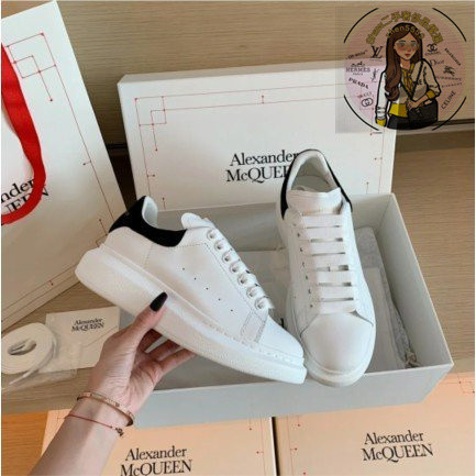 Shaw二手 Alexander McQueen oversize白色黑絨尾 皮革 男女款 厚底休閒鞋 超美現貨