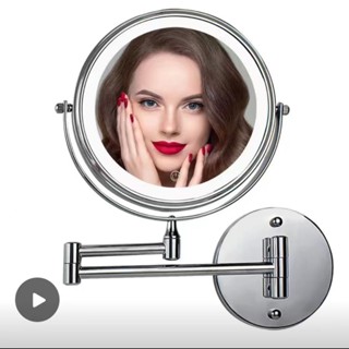 【台灣出貨】浴室雙面鏡 帶燈led化妝鏡 8英寸背面5倍放大壁掛伸縮酒店衛生間摺疊家用鏡子
