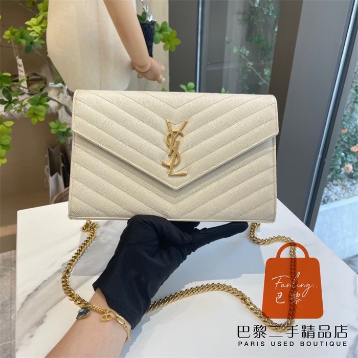 正品免運 YSL 聖羅蘭 Monogram 白色 荔枝紋牛皮 woc 鏈帶包/肩背包/斜背包/手拿包 377828