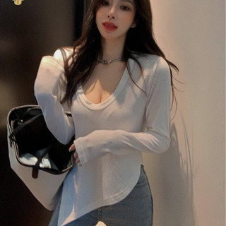 Ruby大尺碼女裝春秋純色長袖t恤女高腰不規則顯身材上衣2024東大門女裝打底衫女