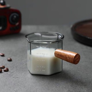 臻品免運☽咖啡杯玻璃帶刻度意式濃縮咖啡萃取量杯木柄奶盅奶罐盎司杯