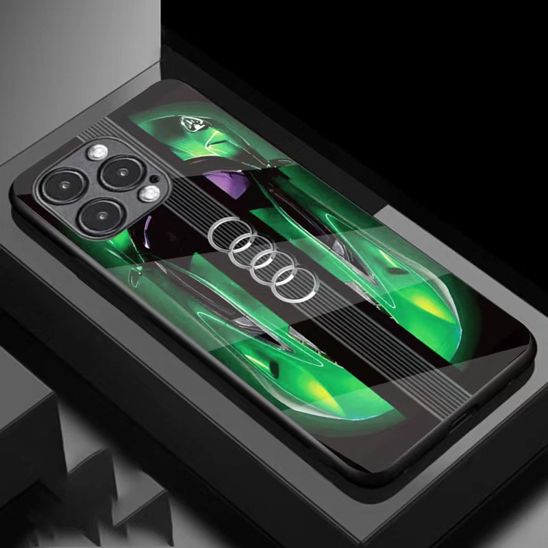 [熱銷]玻璃殼奧迪手機殼豪華跑車圖案適用於 Iphone 11 14 12 13 Pro Max X Xr Mini P