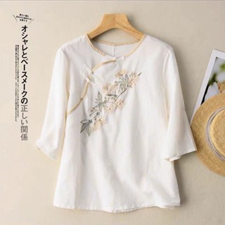 棉麻文藝刺繡盤扣t恤上衣女夏季薄款大碼寬松中式打底衫 大尺碼女裝 大尺碼上衣 短袖t恤 短袖上衣 氣質上衣 夏季女裝