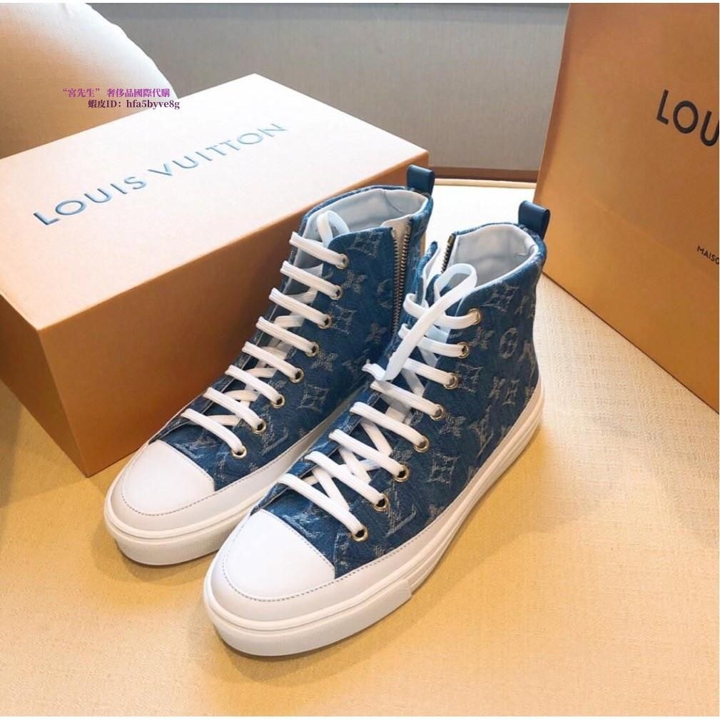 宮先生二手 LV 休閒鞋 牛仔藍 帆布鞋 Louis Vuitton 滿Logo 高幫鞋 1A4VTA