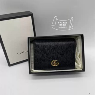 GUCCI 皮革卡包 456126 黑色金色雙g短夾 雙折錢包